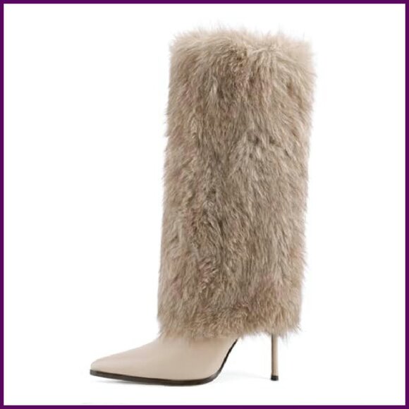 Knee High Faux Fur Boots Pointed Toe Stiletto Heels Winter Fashion - Picture 7 of 8